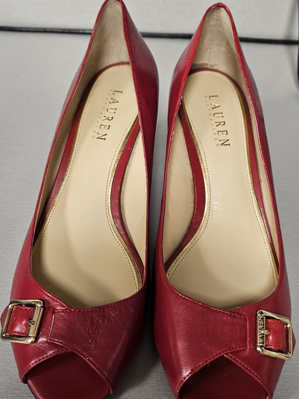 LAUREN Ralph Lauren Red Leather Peep-Toe Hills. Holiday, Preppy